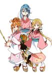  blonde_hair blue_hair broom cigarette japanese_clothes kanna_bismarch kimono long_hair marion_phauna matilda_matisse multiple_girls obi orange_hair sash shaman_king smoking sunameri_oishii yukata 