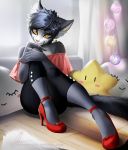  2019 5_fingers amber_eyes anthro aonikaart black_hair clothed clothing detailed_background digital_media_(artwork) domestic_cat ear_piercing ear_ring felid feline felis female hair looking_at_viewer mammal piercing sitting solo 