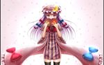  book bow capelet cherry_blossoms covering_mouth crescent dress gin_fuaru gradient gradient_background hair_bow hat hat_ribbon long_hair looking_at_viewer mob_cap open_book patchouli_knowledge petals pillarboxed purple_eyes purple_hair ribbon robe simple_background solo sun tears thighhighs touhou zettai_ryouiki 