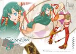  :d blue_eyes breasts character_name cleavage copyright_name feena_(grandia) full_body grandia grandia_i green_hair hair_tubes hand_on_hip jewelry leaning_forward legs long_hair looking_at_viewer low-tied_long_hair medium_breasts midriff miniskirt necklace open_mouth red_legwear shiitake_urimo shoes skirt smile solo thighhighs thighs torn_clothes torn_legwear whip zettai_ryouiki zoom_layer 