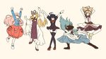  bad_id bad_pixiv_id beige_background black_hair black_legwear blonde_hair blue_hair bow brown_hair bubble_skirt dress expressionless hair_bow hat hata_no_kokoro highres hinanawi_tenshi houjuu_nue jumping multiple_girls pink_hair pose raised_fists rayquaza0820 simple_background skirt tabard thighhighs touhou toyosatomimi_no_miko yakumo_yukari 