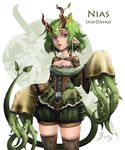  blue_eyes braid breasts cleavage corset detached_sleeves dryad earrings green_hair horns jewelry leaf lips medium_breasts monster_girl nias_(whistle_frog) nose original parted_lips plant pointy_ears shorts solo tail thighhighs twin_braids vines whistle_frog 