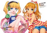  2girls blonde_hair blue_eyes cleavage green_eyes headphones hiiro_yuki hino_akane_(idolmaster) idolmaster idolmaster_cinderella_girls loli mary_cochran school_swimsuit shorts swimsuit twintails 