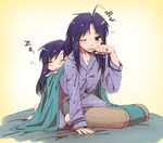  ahoge bad_id bad_pixiv_id blanket blue_hair brown_eyes chibi chihyaa idolmaster idolmaster_(classic) kisaragi_chihaya multiple_girls one_eye_closed pajamas pillow puchimasu! shiwasuchan sleeping sleepy unmoving_pattern 