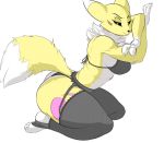  anthro bra breasts canid canine clothing danonymous digimon digimon_(species) female fur kneeling legwear lingerie looking_at_viewer mammal renamon simple_background smile solo stockings thick_thighs underwear white_background yellow_fur 