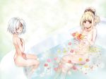  2girls ass bath bathtub blonde_hair convenient_leg darwin&#039;s_game flower green_eyes hair_over_one_eye long_hair multiple_girls navel nude orange_eyes petals ripples shared_bathing short_hair shuka_(darwin&#039;s_game) sui_(darwin&#039;s_game) takahata_yuki 