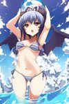  alwen_du_moonbria armpits arms_up bad_id bad_pixiv_id ball bat_wings beachball bikini blue_hair long_hair ocean red_eyes solo swimsuit water wings yashiro_(silver_will) zwei_2 