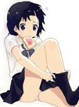  adjusting_sock black_eyes black_hair dressing flying_sweatdrops food food_in_mouth hair_ornament hairclip jam late_for_school leg_up mattaku_mousuke mouth_hold original panties pantyshot pantyshot_(sitting) school_uniform short_hair sitting solo sweatdrop toast toast_in_mouth underwear white_panties 