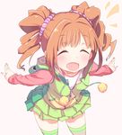  banned_artist blush closed_eyes drill_hair ekusiregaia hood hoodie idolmaster idolmaster_(classic) long_sleeves open_mouth orange_hair outstretched_arms short_hair skirt solo takatsuki_yayoi thighhighs twintails white_background 