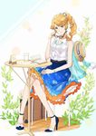  bad_id bad_pixiv_id blonde_hair blouse book drill_hair eyewear_removed glasses green_eyes hat hat_removed headwear_removed high_heels holding holding_eyewear jacket jewelry necklace orangina plant sake_(shirosalmon) shoes sitting skirt smile solo table vines 