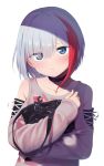  1girl :t admiral_graf_spee_(azur_lane) azur_lane bag bangs black_choker blue_eyes blush brown_sweater choker closed_mouth collarbone commentary_request eyebrows_visible_through_hair eyes_visible_through_hair hair_over_one_eye handbag head_tilt highres long_sleeves mashimaru_(muzikluva) multicolored_hair o-ring object_hug pout red_hair silver_hair simple_background sleeves_past_wrists solo streaked_hair sweater upper_body white_background 