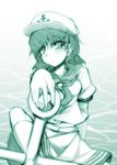  anchor black_hair hat kazetto monochrome murasa_minamitsu sailor_hat short_hair short_sleeves sitting solo touhou water 