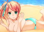  beach bikini bikini_bottom bikini_top_removed breasts cleavage green_eyes hair_ribbon long_hair lying medium_breasts nail_polish ocean on_stomach orange_hair original outdoors ribbon side_ponytail solo swimsuit topless wakatsuki_you water 