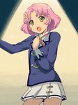  :o aikatsu! aikatsu!_(series) blush flower hair_flower hair_ornament hand_on_own_chest kitaouji_sakura long_sleeves mattaku_mousuke music open_mouth pink_hair school_uniform short_hair singing skirt solo spotlight starlight_academy_uniform yellow_eyes 