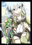  animal_ears arrow bad_id bad_pixiv_id blue_eyes blue_hair bow_(weapon) breasts bullet cat_ears cleavage dual_persona medium_breasts mouth_hold quiver short_hair short_shorts shorts sinon sinon_(sao-alo) sword_art_online weapon xanadu 