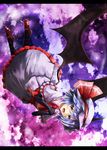  akisome_hatsuka ascot bat_wings black_gloves blue_hair capelet cloud cloudy_sky elbow_gloves flying gloves hands_on_own_chest hat hat_ribbon letterboxed open_mouth red_eyes red_footwear remilia_scarlet ribbon sash shirt shoes skirt skirt_set sky smile solo star_(sky) touhou upside-down wings 