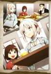  2girls absurdres apron ayaka's_father_(fate/prototype) basket blonde_hair blue_eyes bread brown_hair cup drinking dutch_angle eating egg family fate/prototype fate/prototype:_fragments_of_blue_and_silver fate_(series) food fork highres indoors loaf_of_bread mug multiple_girls nakahara_(mu_tation) official_art open_mouth plate sajou_ayaka sajou_manaka side_ponytail sitting smile table window younger 