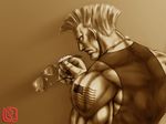  american_flag aviator_sunglasses dog_tags eyewear_removed guile holding holding_eyewear male_focus monochrome muscle nikuji-kun sepia solo street_fighter sunglasses tattoo 