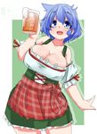  alcohol beer blue_eyes blue_hair breasts cleavage dated dirndl eyebrows german_clothes inaka_keikou large_breasts open_mouth original saku_hinoko short_hair signature smile solo underbust 