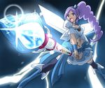  aono_miki berry_sword blue blue_background blue_legwear blue_skirt boots choker cure_angel_(fresh_precure!) cure_berry earrings eyelashes fresh_precure! frilled_skirt frills hair_ornament heart ikari_manatsu jewelry lightning long_hair magical_girl midriff navel open_mouth ponytail precure purple_eyes purple_hair ribbon serious shirt side_ponytail skirt solo sunrise_stance thigh_boots thighhighs wand wings 