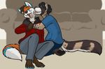  4_toes ambiguous_gender anthro black_nose canine civet clothed clothing couple duo eyes_closed fox hair happy licking male mammal open_mouth pawpads rhari simple_background smile sofa tongue 