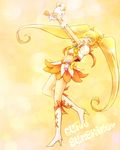  ^_^ blonde_hair boots bow closed_eyes cure_sunshine hair_ribbon happy heart heartcatch_precure! knee_boots long_hair magical_girl midriff myoudouin_itsuki naka_(ez) navel open_mouth orange_skirt potpourri_(heartcatch_precure!) precure ribbon skirt twintails yellow_background yellow_bow 