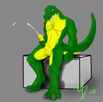  abs anthro balls biceps big_penis claws cum cumshot dinosaur erection fangs green_skin looking_at_viewer male masturbation mikeydrago muscles nude orange_eyes orgasm pecs penis pose presenting scales scalie sheath sitting slit solo standing teeth theropod toe_claws yellow_penis yellow_skin 