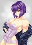  abs bare_shoulders belt breasts cleavage fingerless_gloves ghost_in_the_shell gloves jacket kusanagi_motoko large_breasts md5_mismatch purple_hair red_eyes short_hair solo zonda_(solid_air) 