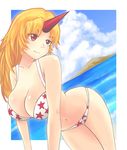  absurdres bad_id bad_pixiv_id beach bikini blonde_hair breasts cleavage day highres horn hoshiguma_yuugi large_breasts long_hair ocean outdoors red_eyes solo swimsuit touhou water x&amp;x&amp;x 