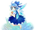  absurdres ahoge barefoot blue_eyes blue_hair cirno full_body hair_ribbon highres ice ice_wings looking_back ribbon ruhika simple_background solo touhou wings 
