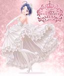  blue_hair breasts bride character_name dress frills garter_belt gathers hair_ornament happy_birthday high_heels highres idolmaster idolmaster_(classic) jewelry long_hair md5_mismatch medium_breasts miura_azusa necklace outsider_0 pearl_necklace shoes short_hair sparkle thighhighs wedding_dress 