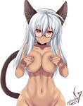  1girl animal_ears breast_grab breasts cat_ears cat_tail cleavage dark_skin eyewear feline female glasses hair large_breasts long_hair looking_at_viewer mammal navel nightmare-doom nude original red_eyes smile solo tail white_hair 