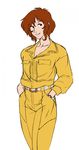  april_o&#039;neil april_o'neil belt chochi clothing crossgender female hair human jumpsuit looking_at_viewer male mammal not_furry plain_background red_hair smile solo standing teenage_mutant_ninja_turtles watch white_background 