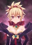  bare_shoulders blonde_hair blush bow breasts bright_pupils cleavage disgaea highres large_breasts looking_at_viewer makai_senki_disgaea_2 mmrailgun pointy_ears red_eyes rozalin short_hair slit_pupils smile solo v yellow_bow 