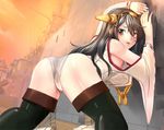  akasaai ass bare_shoulders bent_over black_hair black_legwear blush boots breasts detached_sleeves from_behind hairband haruna_(kantai_collection) highres japanese_clothes kantai_collection long_hair looking_at_viewer looking_back medium_breasts pubic_hair red_eyes solo thigh_boots thighhighs wide_sleeves 
