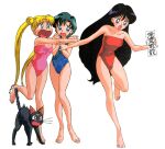  1990s_(style) 3girls barefoot bishoujo_senshi_sailor_moon black_cat black_eyes black_hair blonde_hair blue_eyes blue_hair blue_swimsuit casual_one-piece_swimsuit cat double_bun highres hino_rei hiss long_hair luna_(sailor_moon) mizuno_ami multiple_girls non-web_source official_art ofuda one-piece_swimsuit open_mouth pink_swimsuit red_swimsuit retro_artstyle scared short_hair simple_background standing strapless strapless_swimsuit swimsuit tears tsukino_usagi twintails very_long_hair white_background 