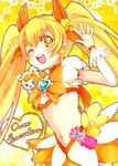  blonde_hair bow breasts character_name choker cure_sunshine hair_ribbon heart heartcatch_precure! long_hair magical_girl midriff myoudouin_itsuki navel one_eye_closed open_mouth orange_bow orange_choker potpourri_(heartcatch_precure!) precure ribbon sikuhima skirt small_breasts twintails underboob yellow_background yellow_bow yellow_eyes 