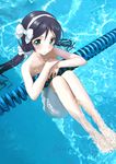  :o aqua_eyes bangs barefoot black_hair blush bow bubble collarbone eyebrows hair_between_eyes hair_ornament hair_scrunchie hairband highres lane_line legs long_hair love_live! love_live!_school_idol_project low_twintails mocha_(snowflake) nude open_mouth partially_submerged pool ripples scrunchie skinny_dipping solo toujou_nozomi twintails water wet wet_hair white_bow white_hairband white_scrunchie 
