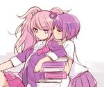  bad_id bad_pixiv_id book cheek_kiss danganronpa danganronpa_1 enoshima_junko gyaru hair_ornament ikusaba_mukuro incest kiss kogal long_hair mizuki_(koko_lost) monokuma multiple_girls necktie pink_eyes pink_hair school_uniform short_hair short_sleeves siblings sisters skirt sleeves_rolled_up spoilers twintails yuri 