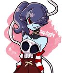  1girl bare_shoulders blue_hair blue_skin detached_sleeves hair_over_one_eye lowres red_eyes side_ponytail skull skullgirls smile solo squigly_(skullgirls) stitched_mouth striped striped_sleeves yellow_sclera zombie 