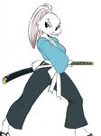  breasts chochi clothed clothing crossgender cute female katana lagomorph lapine mammal pants plain_background rabbit samurai sandals sash solo sword teenage_mutant_ninja_turtles usagi_yojimbo weapon white_background 