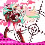  aqua_eyes blood boots bow character_name danganronpa danganronpa_1 enoshima_junko hair_bow hair_ornament highres knee_boots long_hair necktie pink_hair puladread school_uniform skirt sleeves_rolled_up smile solo target twintails 