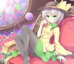  aibumi bad_id bad_pixiv_id black_legwear blush couch flower green_eyes hat hat_ribbon heart heart_of_string komeiji_koishi light_smile long_sleeves looking_at_viewer no_shoes pantyhose petals red_flower red_rose ribbon rose shirt silver_hair sitting skirt smile solo stained_glass third_eye touhou underwear wide_sleeves 