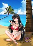  bag barefoot beach bikini black_hair breasts cleavage cloud covered_nipples day handbag highres horizon indian_style large_breasts nihility original outdoors red_eyes sandals shoes_removed sitting sky solo swimsuit undressing 