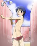  1girl beach bikini blue_eyes blue_hair blush kakkii original short_hair shower solo swimsuit water wet 