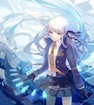  black_gloves blazer blue braid bullet danganronpa danganronpa_1 dhiea expressionless gloves jacket kirigiri_kyouko long_hair necktie pink_eyes side_braid solo very_long_hair white_hair 