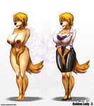 anthro big_breasts black_nose blonde_hair blue_eyes breasts canine cleavage clothed clothing color dog dress female golden_retriever hair invalid_tag kamina1978 mammal model_sheet navel nipples nude shirt skirt solo 