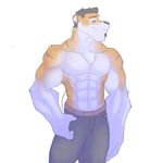  abs anthro beard belt biceps big_muscles black_hair black_nose body_markings brown_fur brown_nose chest_tuft clothing earbuds facial_hair feline fur grin hair male mammal markings muscles orange_fur panchi-tiger pants pecs plain_background pose smile solo standing stripes tiger toned topless tuft white_background white_fur 