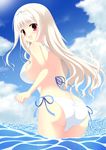  :d ass bikini blonde_hair breasts cloud day from_behind hairband highres large_breasts long_hair looking_back nora_(otome70121) ocean open_mouth original red_eyes side-tie_bikini sideboob sky smile solo swimsuit water white_bikini 
