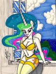  anthro anthrofied bra breasts cleavage clothed clothing cutie_mark equine female friendship_is_magic hair horn horse legwear lingerie looking_at_viewer mammal multi-colored_hair my_little_pony navel newyorkx3 outside panties pony princess_celestia_(mlp) purple_eyes sea sitting sky smile solo stockings tree underwear water window winged_unicorn wings 